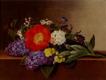 Johan Laurentz Jensen : Lilacs Violets Pansies Hawthorn Cuttings And Peonies On A Marble Ledge